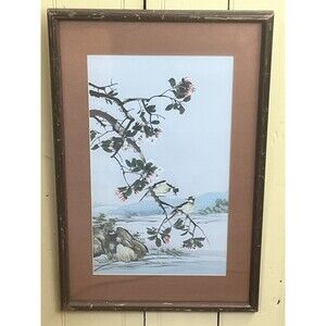 Vintage Chinese Silk Tapestry Birds And Flowered Branches Wooden Framed Artwork